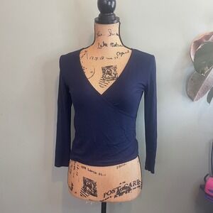 Cape Juby Womens Casual 3/4 Sleeve Surplice Wrap Blouse Top Shirt Blue Medium